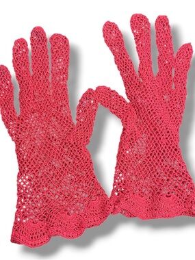 Vintage Coral Red Fishnet Crochet Lace Womens Gloves Pinup Retro Goth Glam